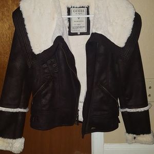 GUESS BRAND BROWN FAUX-LEATHER COAT WITH ASYMMETRI